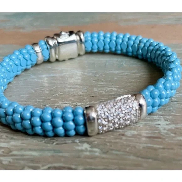 Lagos Blue Caviar Silver 925 Station Ceramic Diamond Bracelet 9mm - Picture 9 of 10